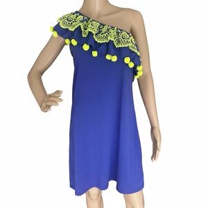 Lilly Pulitzer Blue One Shoulder Pom Pom Dress Tunic S Pima Cotton